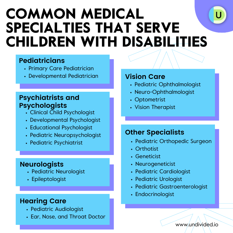 What kinds of medical specialists treat children with disabilities?