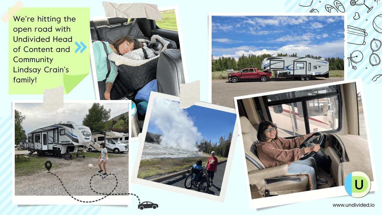 Collage of family road trip photos RVing with child with disability