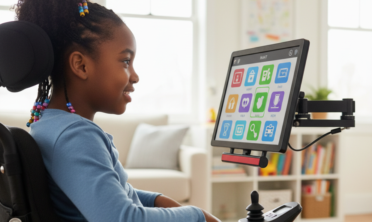 Child using AAC attached to wheelchair
