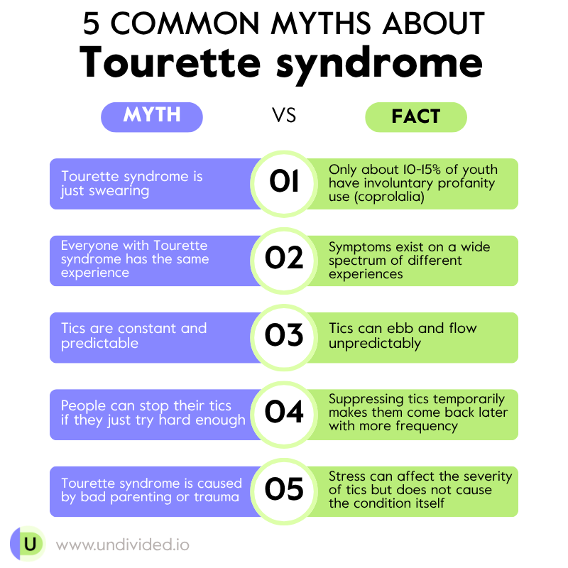 An infographic titled "5 Common Myths About Tourette Syndrome," debunking widespread misconceptions about TS including myths about symptoms, behavior, and what it means to have the condition. The Undivided logo and website undivided.io appear at the bottom.