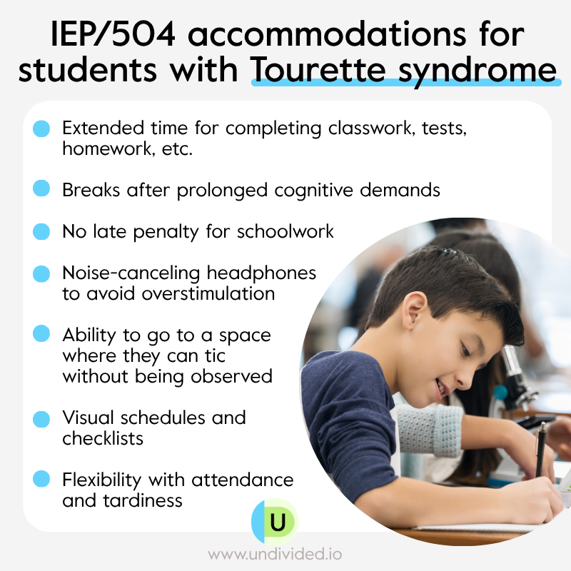 An infographic outlining IEP and 504 plan accommodations for students with Tourette Syndrome, including recommended supports and strategies for the classroom. The Undivided logo and website undivided.io appear at the bottom.