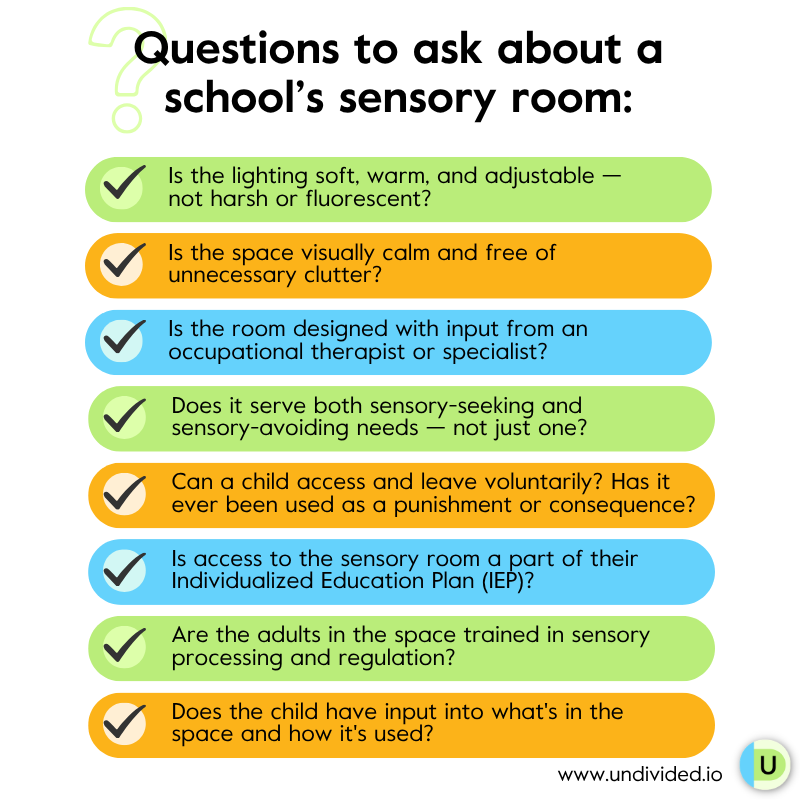 Infographic titled "Questions to ask about a school's sensory room," listing 8 checklist-style questions covering lighting, visual calm, specialist input, sensory needs, voluntary access, IEP inclusion, staff training, and child input. Published by Undivided.