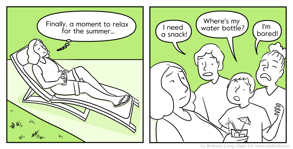 Cartoon about how busy parents can be during summer
